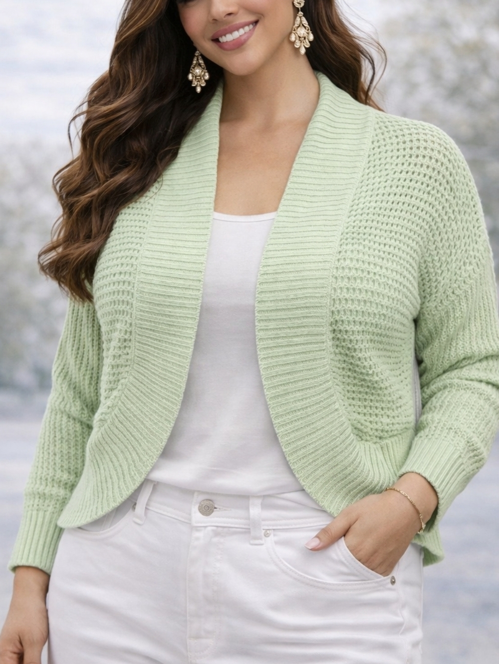 Zuda Cropped Cardigan Shrug Women XL Mint Green Knit Open Front Lightweight Bole